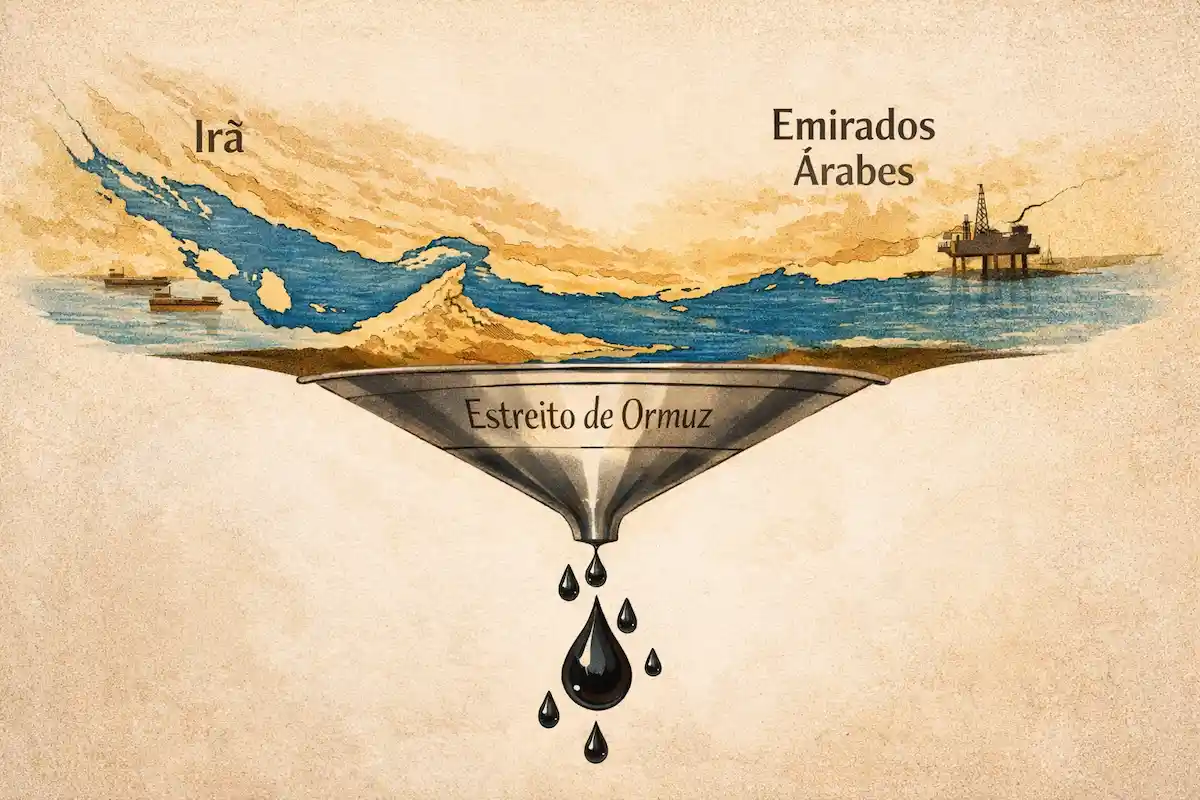 Mapa ilustrado do Estreito de Ormuz em composição conceitual horizontal, com o curso marítimo afunilando até um funil metálico que termina em gotas de petróleo. A arte traz tons bege e azul, com referências visuais ao Irã e aos Emirados Árabes, além de navios e uma plataforma de petróleo ao fundo.