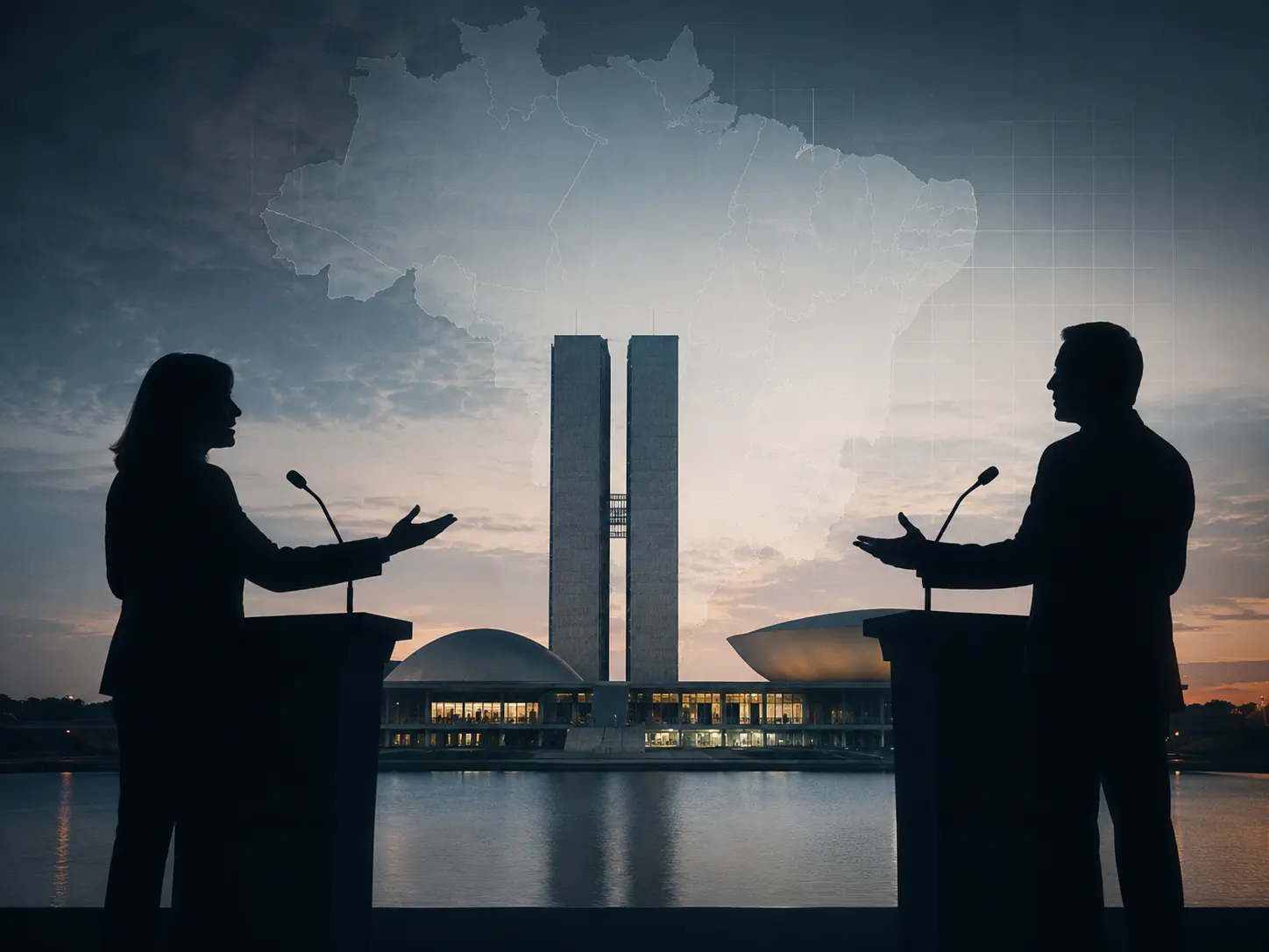 Montagem editorial mostra dois candidatos em silhueta debatendo em púlpitos, com o Congresso Nacional ao fundo e o mapa do Brasil sobreposto, simbolizando a disputa das Eleições 2026.