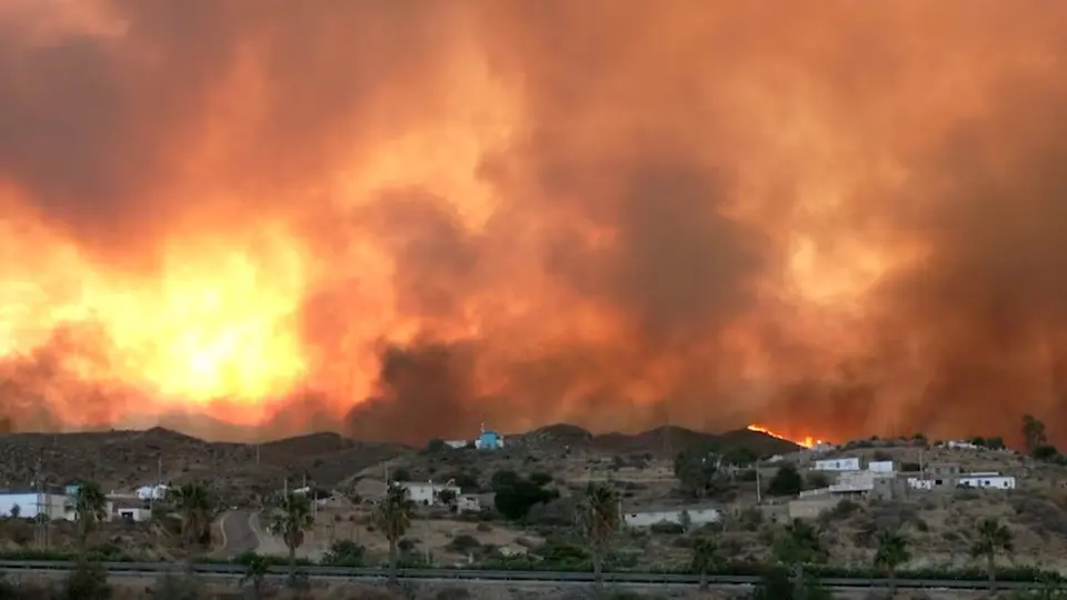 Fumaça e chamas sobem durante incêndio florestal em Los Gallardos, na Espanha, em 9 de julho de 2026,