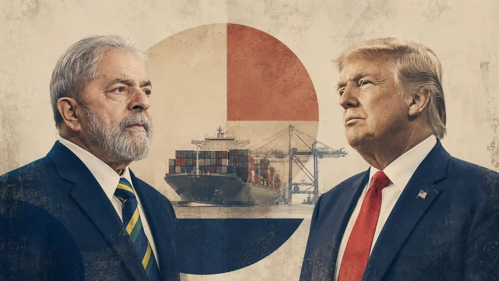 Montagem editorial representa Lula e Trump diante de um navio de contêineres, em referência à disputa tarifária entre Brasil e Estados Unidos.