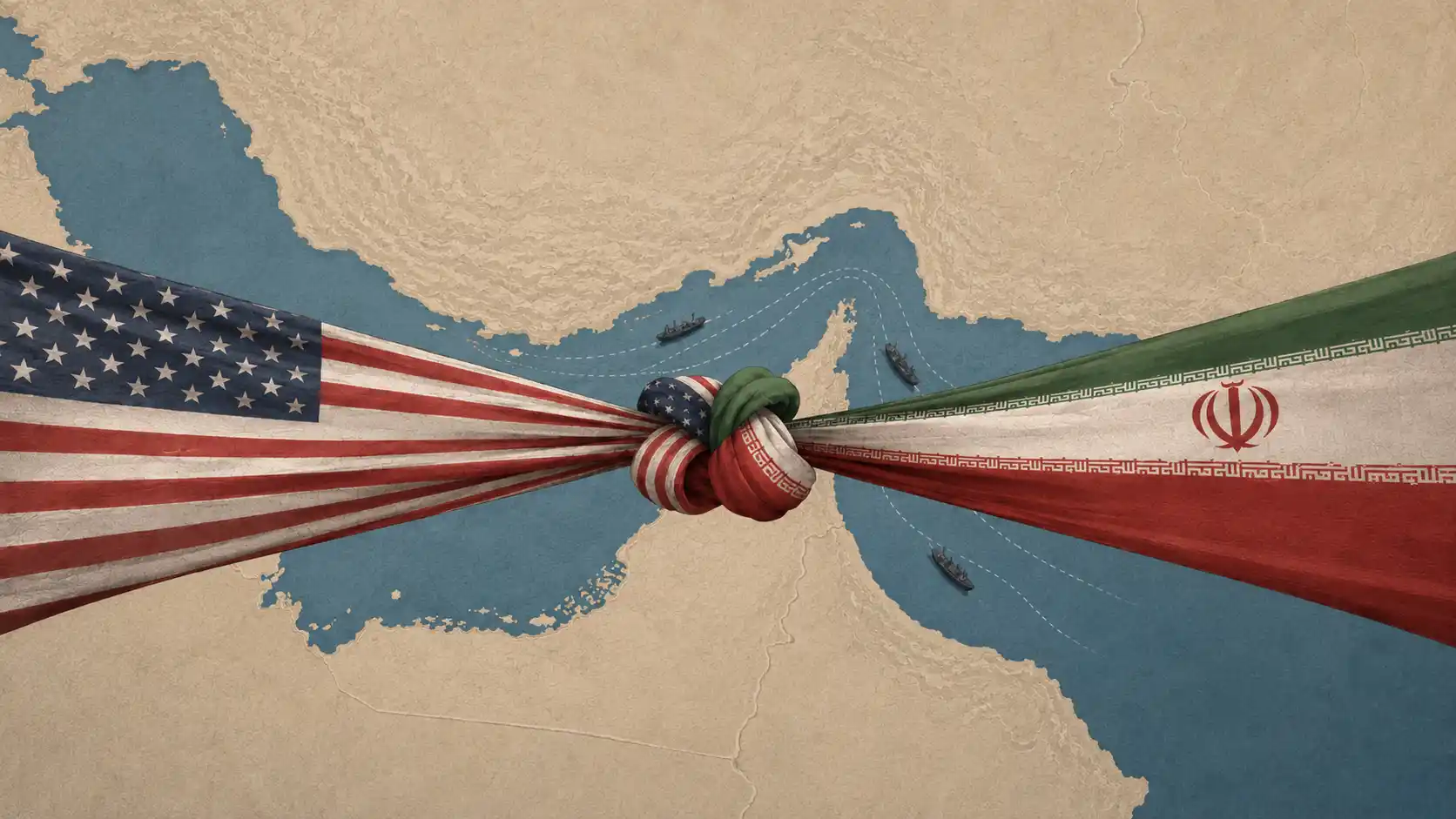 Ilustração representa a tensão entre Estados Unidos e Irã em torno do Estreito de Ormuz, com as bandeiras dos dois países sobre a rota marítima estratégica.