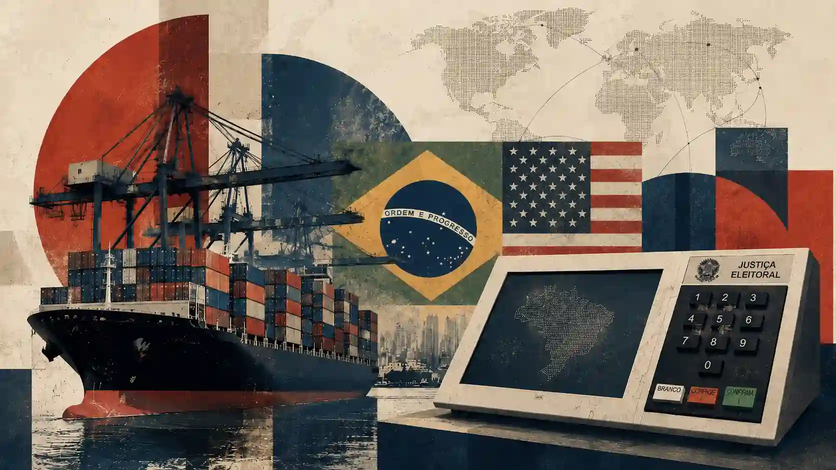 Navio cargueiro, bandeiras do Brasil e dos Estados Unidos e urna eletrônica representam a disputa comercial entre os dois países em meio ao período eleitoral brasileiro.