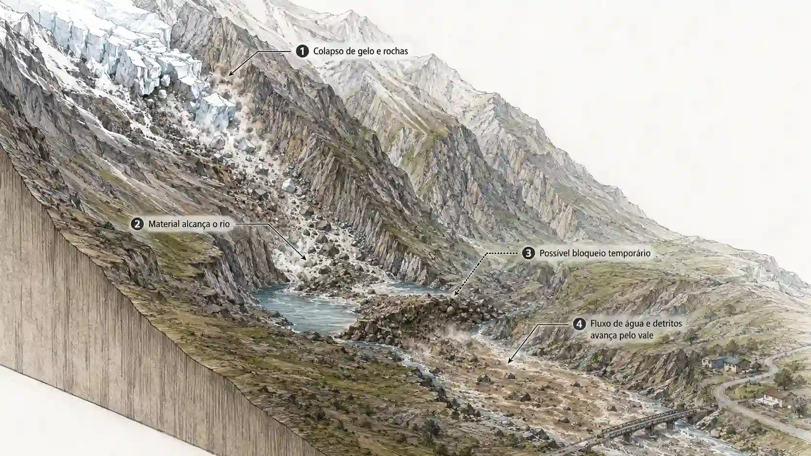 Ilustração técnica mostra o mecanismo provável da tragédia em Rasuwa, no Nepal: colapso de gelo e rochas, material alcançando o rio, possível bloqueio temporário e avanço do fluxo de água e detritos pelo vale.