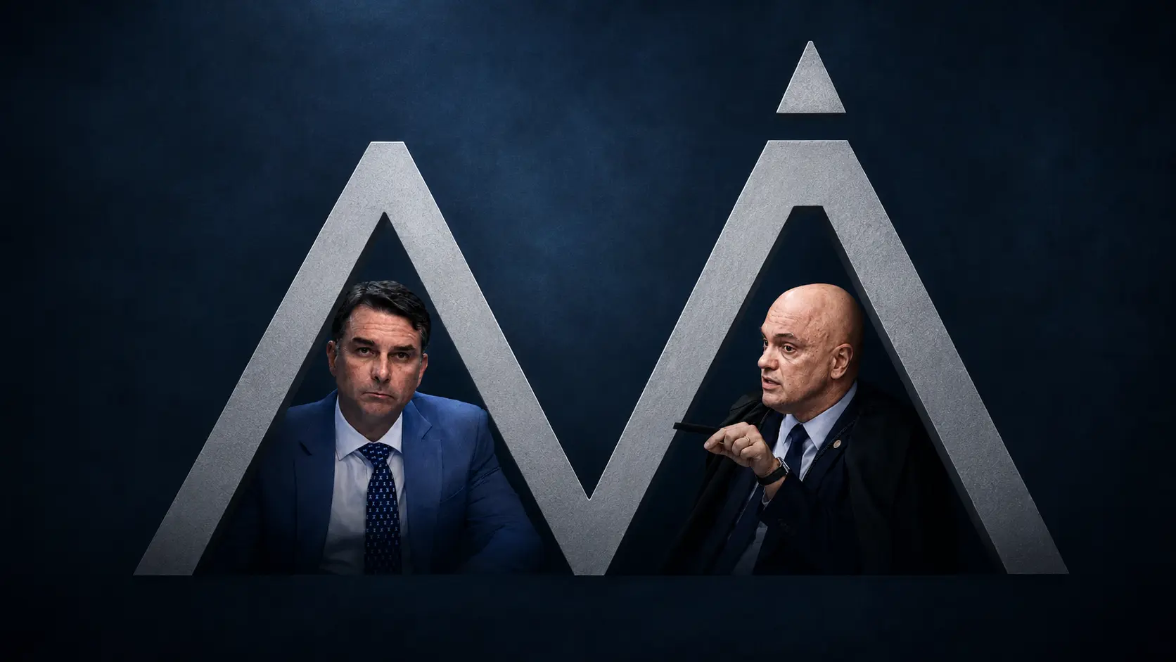 Flávio Bolsonaro e Alexandre de Moraes aparecem em montagem com o símbolo do Banco Master, em referência à disputa política aberta pelas novas revelações do caso Vorcaro.