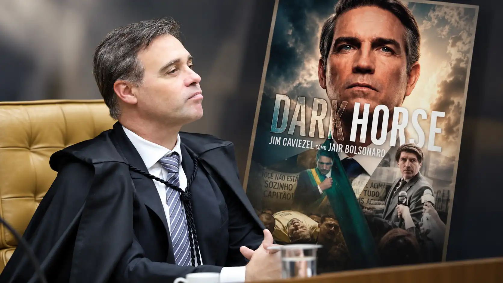 André Mendonça ao lado de montagem com o cartaz do filme “Dark Horse”.