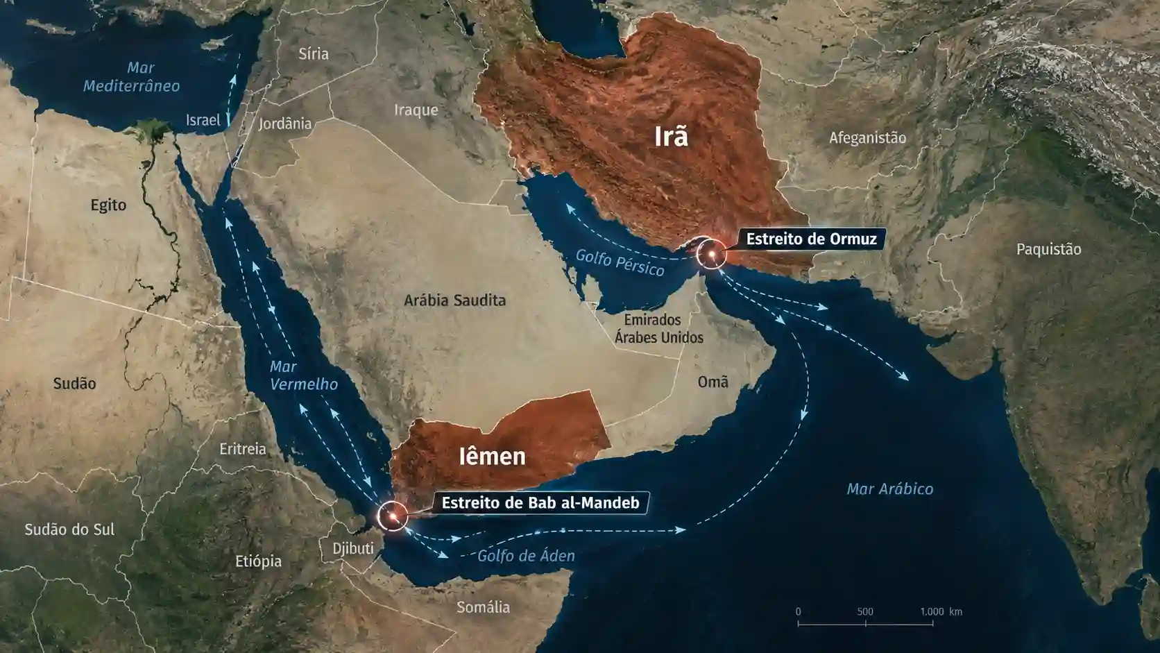 Mapa destaca o Iêmen, o Irã e os estreitos de Bab al-Mandeb e de Ormuz, dois gargalos estratégicos para o transporte marítimo e de petróleo no Oriente Médio.