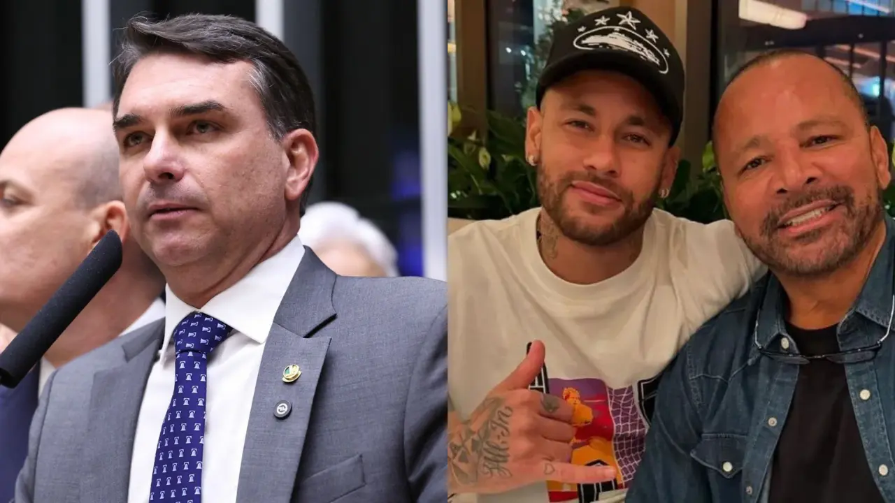 Flávio Bolsonaro, à esquerda, e Neymar ao lado do pai, Neymar Santos, à direita.