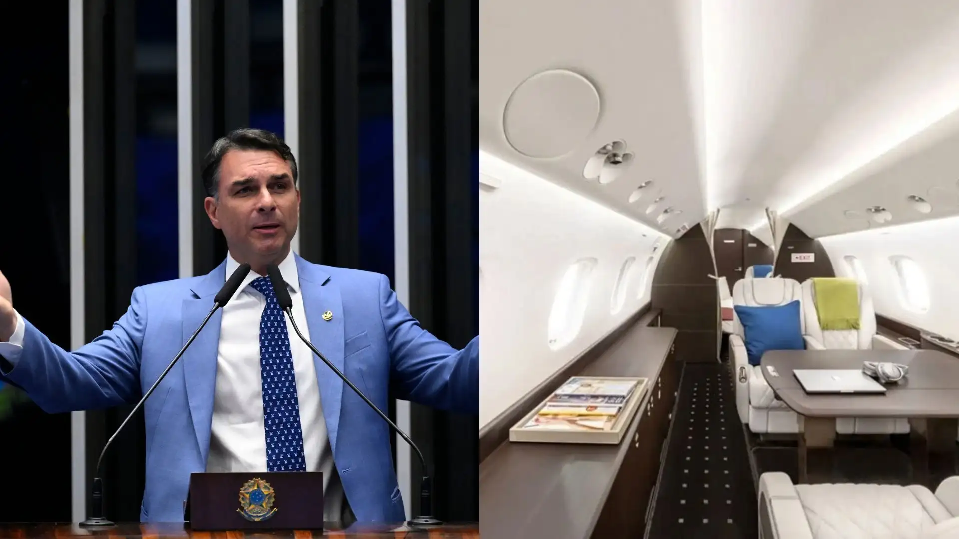 Flávio Bolsonaro no plenário do Senado e interior de um Legacy 650, modelo do jatinho PP-NLR ligado a Daniel Vorcaro.