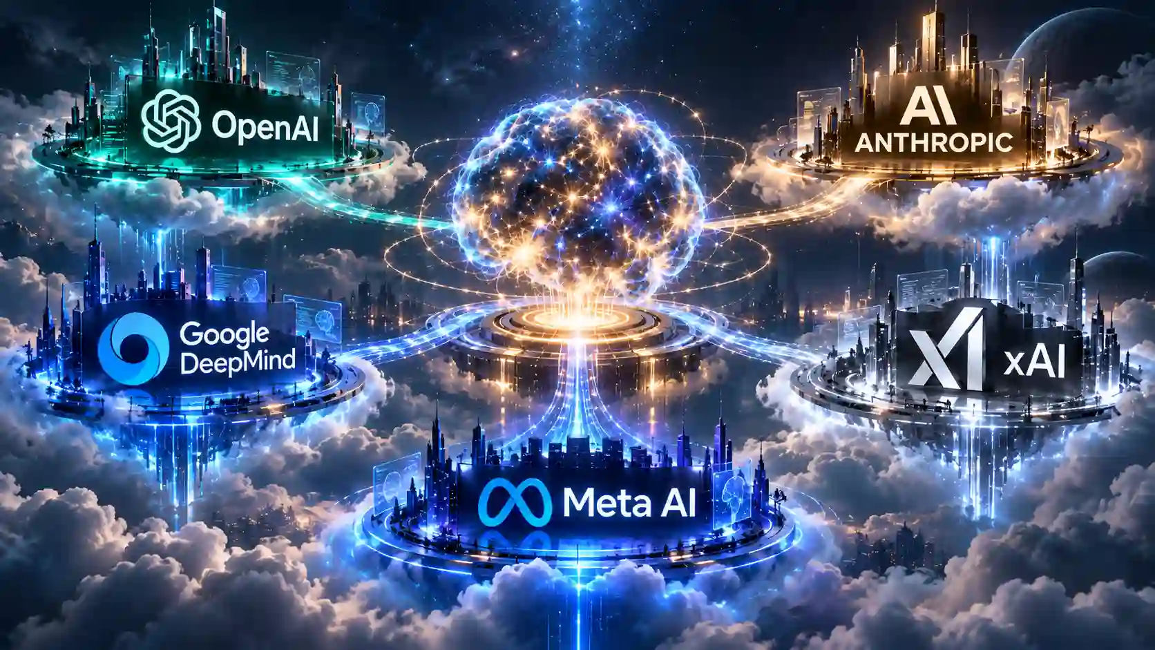 Ilustração representa as principais empresas de inteligência artificial conectadas a um núcleo central, em referência à corrida tecnológica e aos debates sobre segurança e controle da IA.