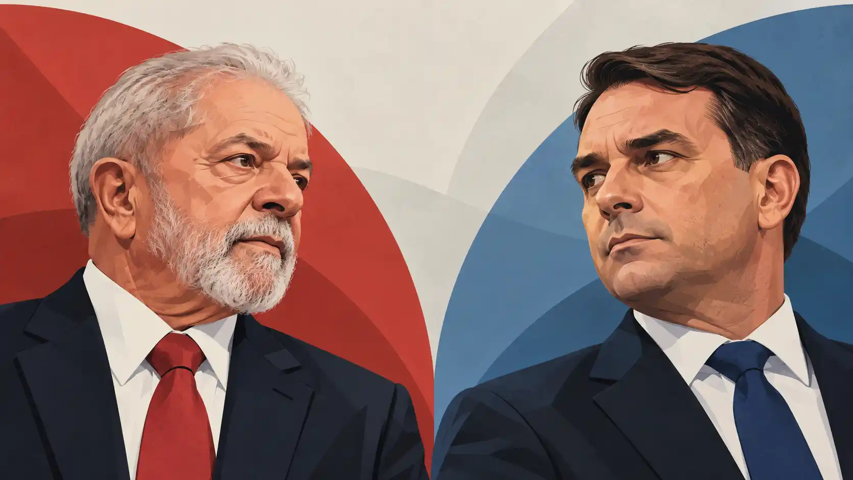 Ilustração representa Lula e Flávio Bolsonaro na disputa presidencial de 2026, em meio à divulgação de novas pesquisas eleitorais.